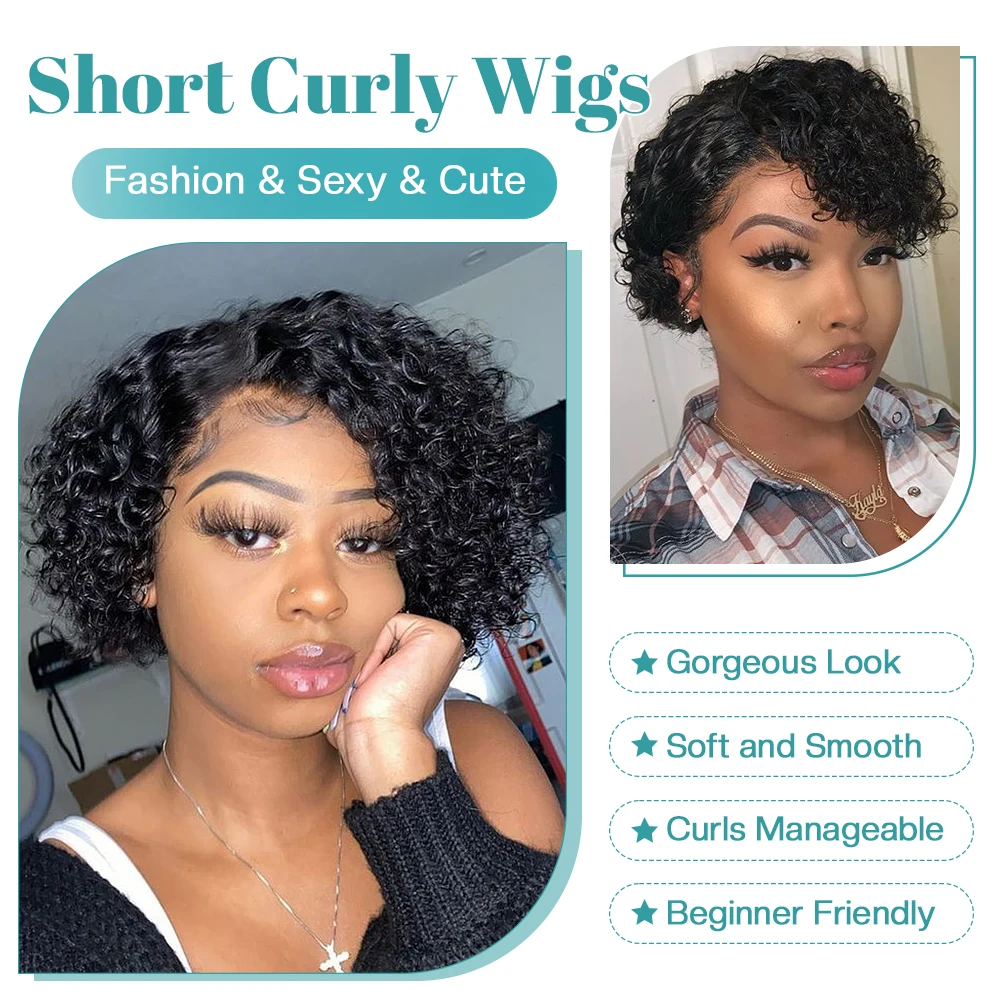 Peruca de cabelo humano sem cola para mulheres negras, parte lateral, Kinky Curly, Pixie curto, não frontal de renda, cabelo encaracolado profundo