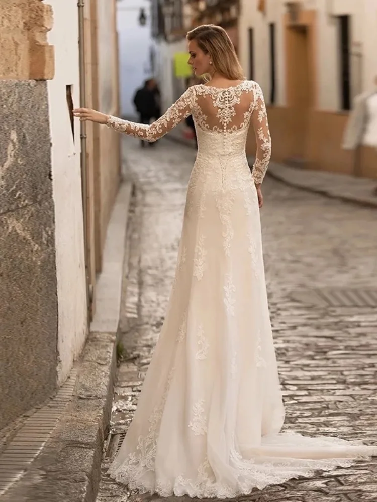 Vestido De novia De manga larga con cuello en V para mujer, traje bohemio De sirena con botones y apliques