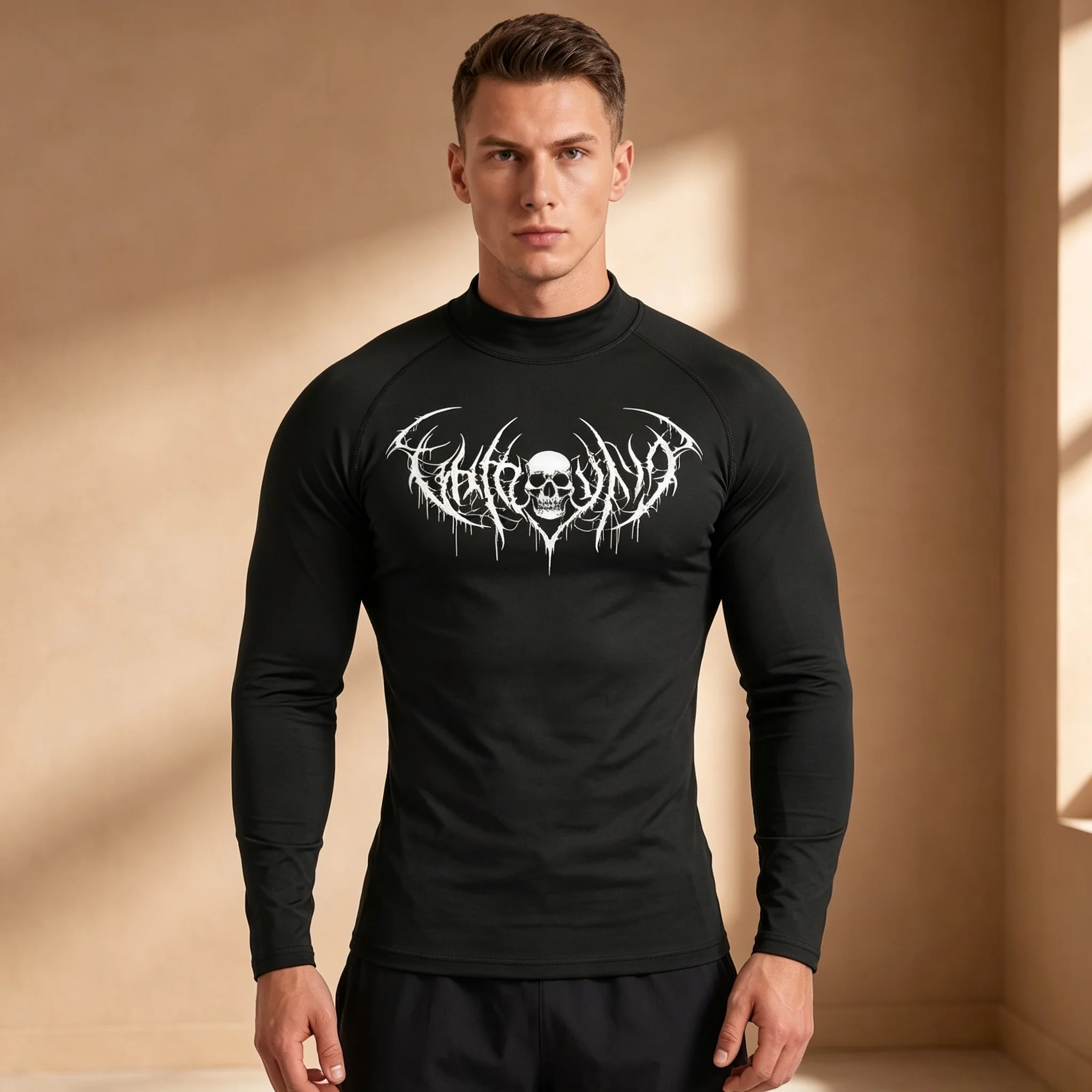 Men's Mock Neck Compression Long Sleeve Shirt, Gothic Skull & Wing Print Slim Fit Athletic Top, Elastic Quick‑Dry Breathable Tee