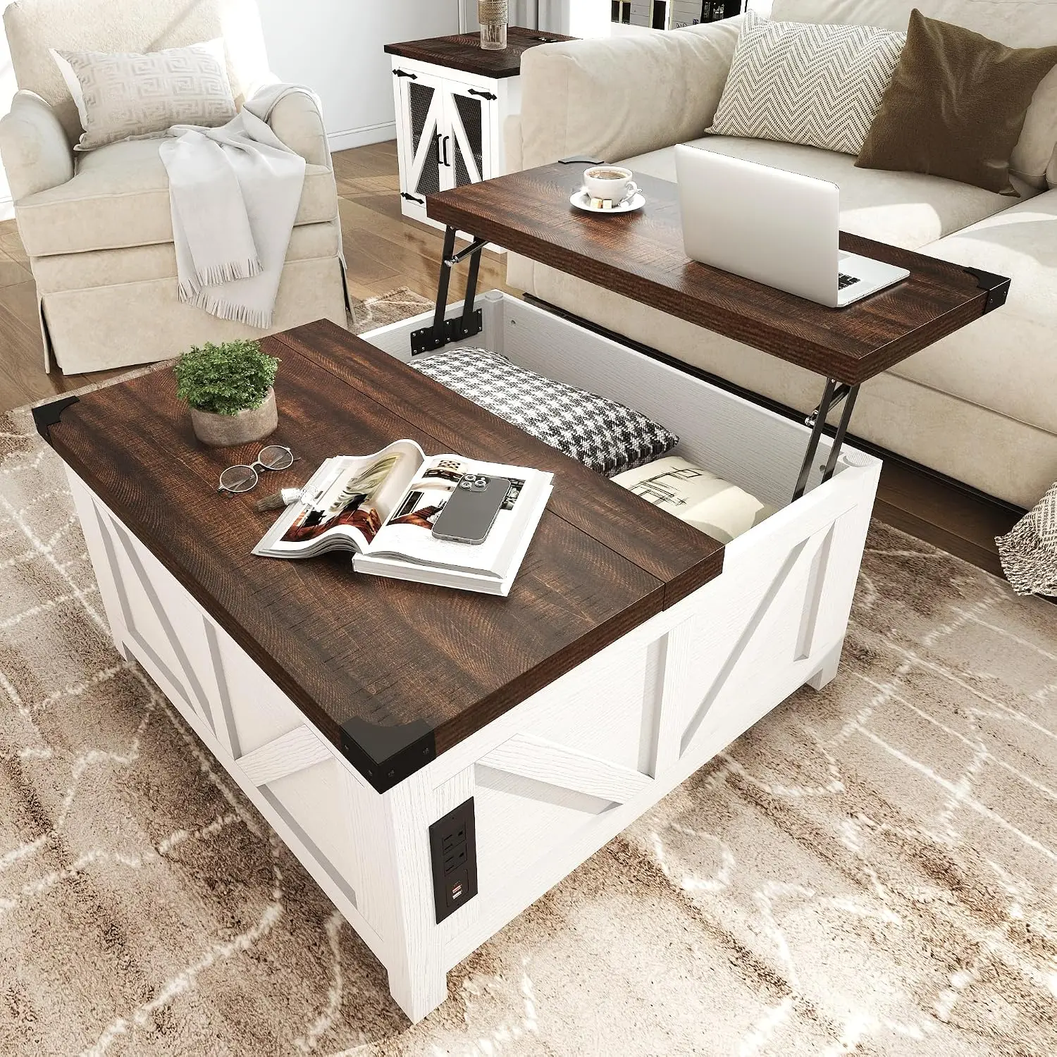 Farmhouse Lift Top Coffee Table with Storage, Wood Square Center Table with Charging Station&USB Port, Living Room Table w/Large Hidden Space, for Living Room, Bedroom, Home Office, White
