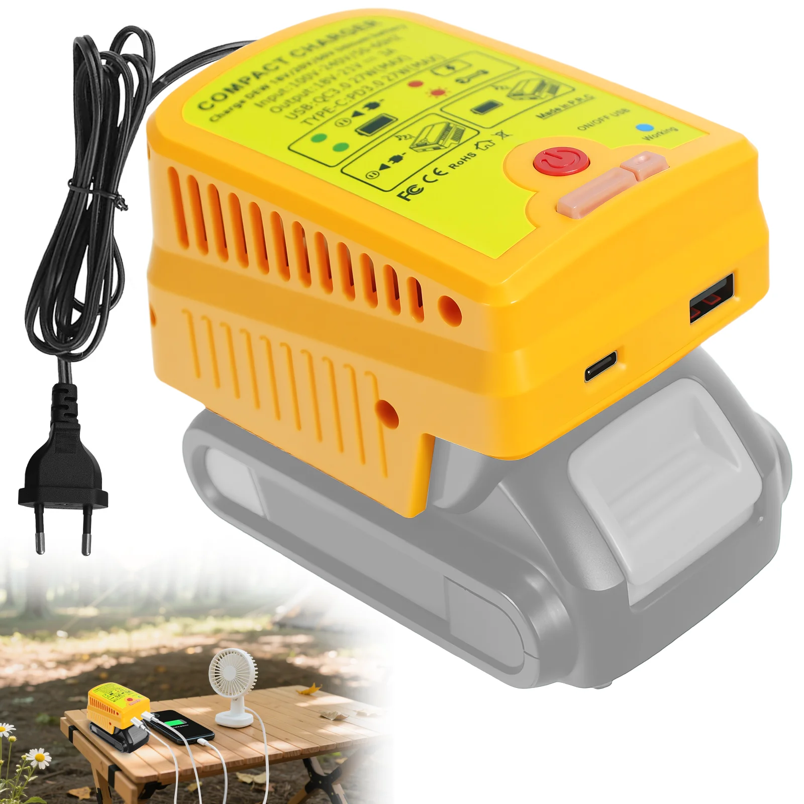 

2-In-1 Battery Charger for Dewalt 20V Battery Portable Power Inverter Fast Charger with Type-C Port & USB Port (No Battery)