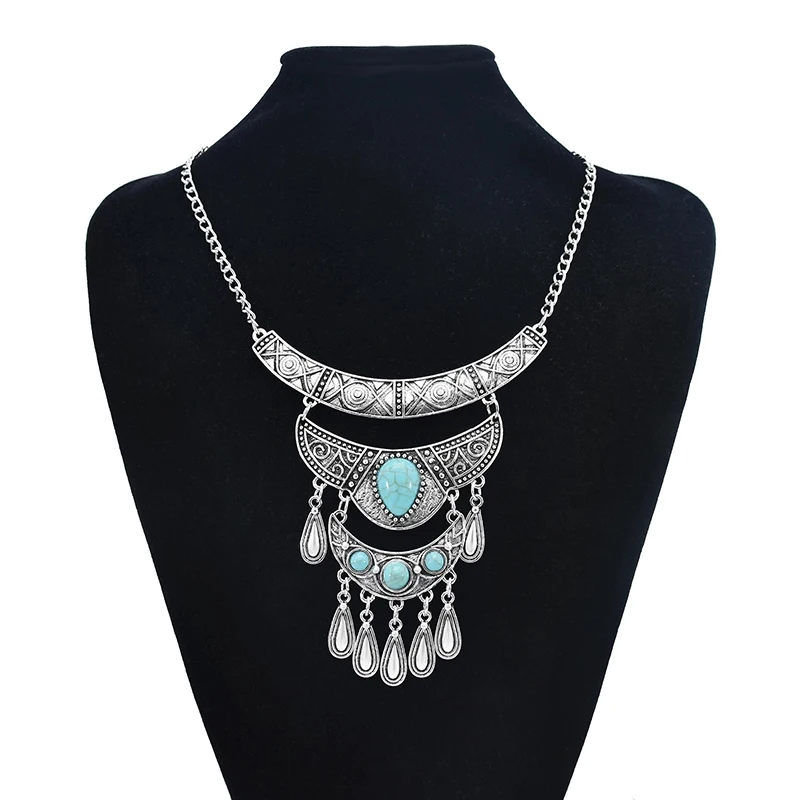 Vintage Ethnic Multilayer Water Drop Tassel Statement Necklaces for Women Boho Blue Beads Carved Silver Color Necklaces Jewelry