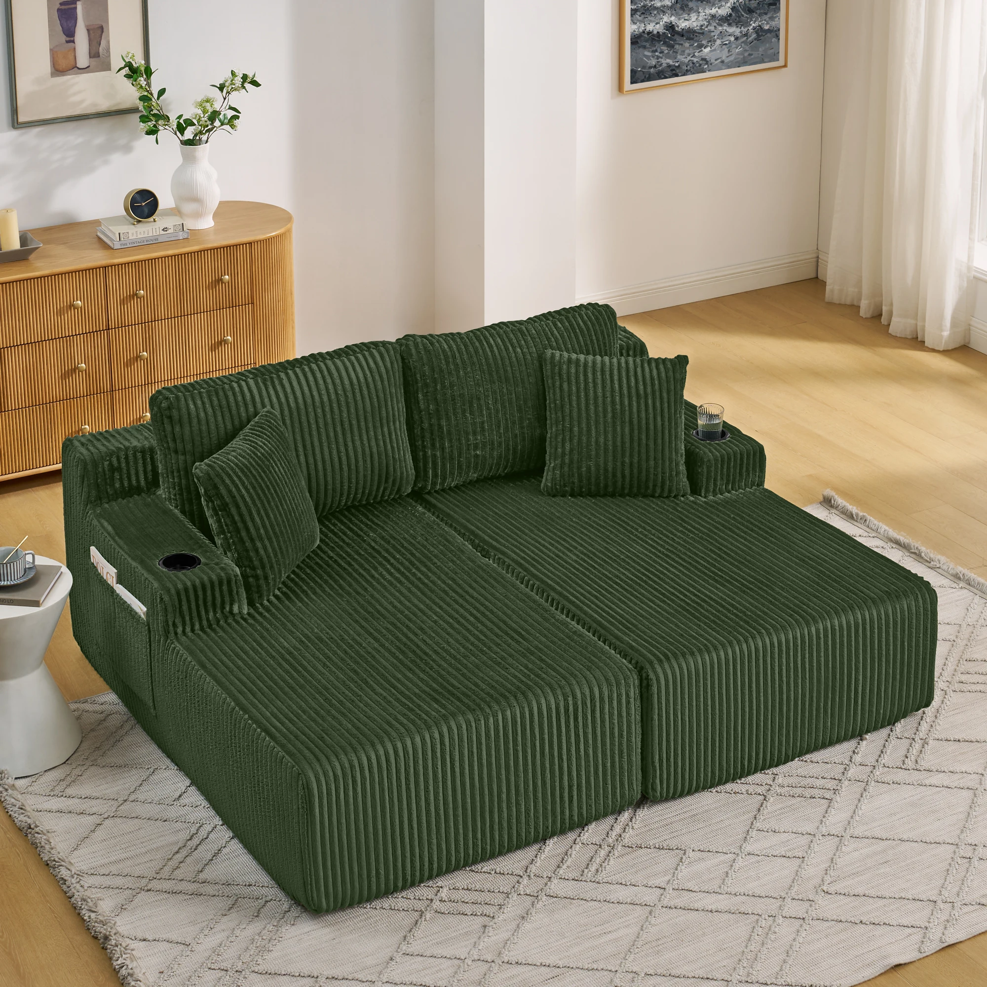 Canapé relaxant 2 places en tissu Cord, fauteuil lounge vert avec porte-revues latéral et porte-gobelet, revêtement moelleux, polyvalent pour salon, salle de jeux, bureau et chambre d'hôtes