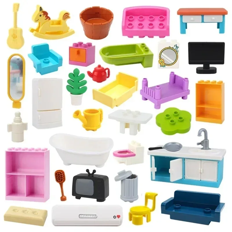 Grands blocs de construction, accessoires de meubles de maison de jeu, ustensiles d'intérieur, lit, grandes briques compatibles, jouets à assembler, cadeau pour enfants