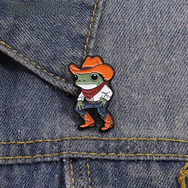 Broches en émail de grenouille de Cowboy de dessin animé, belles broches pour bottes en jean, vêtements, Badges à revers, bijoux animaux, cadeau pour amis