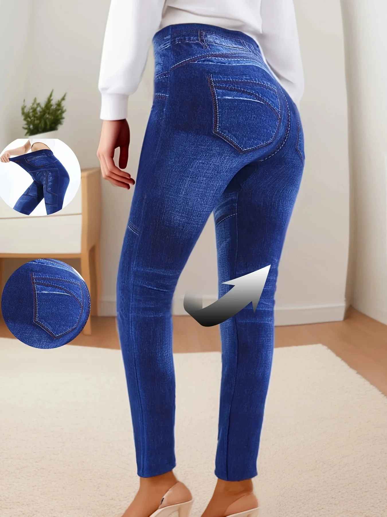 Casualowe i eleganckie sportowe legginsy z imitacji dżinsu z oczkami, drukowane i barwione legginsy, przycięte spodnie do biegania i fitnessu — zdjęcie 2