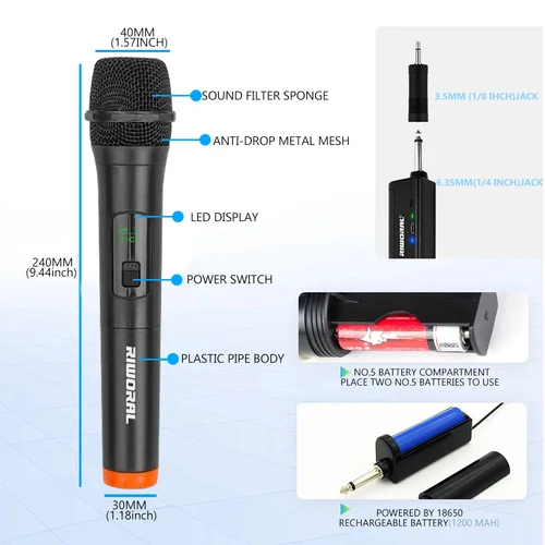Imagen 2 del producto Micrófono inalámbrico UHF, micrófono dinámico inalámbrico, sistema de micrófono de mano para fiesta, iglesia, DJ, boda, conjunto KTV en casa