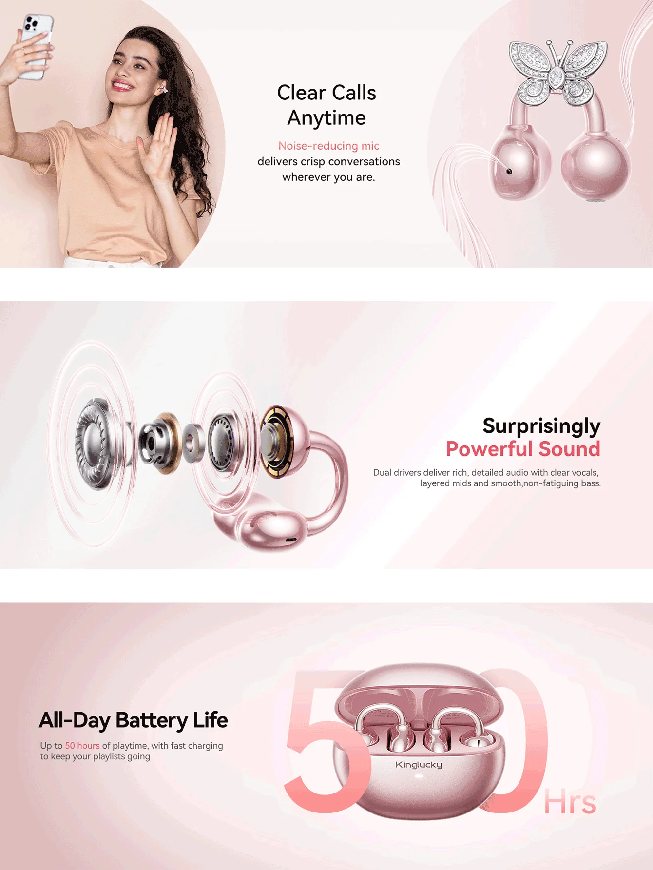 Фото Беспроводные наушники-клипсы с открытым ухом, Bluetooth 5.4, с микрофоном, 50 часов работы, шумоподавление, водонепроницаемые, спортивные, комфортные