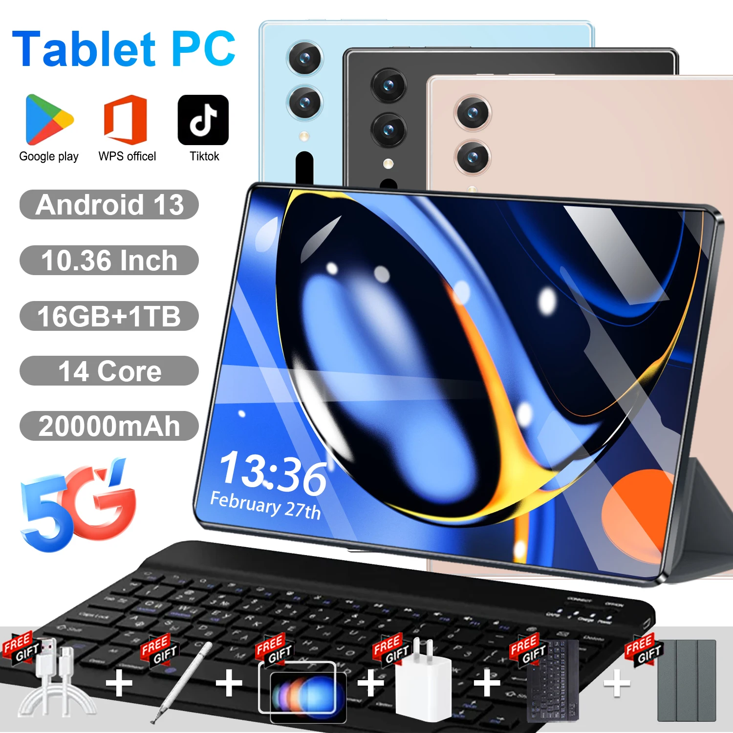 Tablette Originale 2026 Android 13, Écran HD 10,36 Pouces, 16 Go + 1 To, Batterie 20000 mAh, Processeur 14 Cœurs, 5G, Double SIM, Bluetooth, WiFi, GPS
