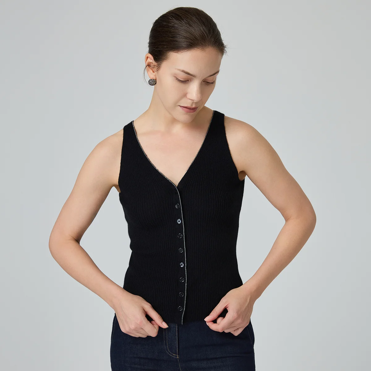 

BD3521274 Роскошный женский жилет из кашемировой смеси, элегантный кардиган без рукавов с V-образным вырезом, минималистичный облегающий вязаный топ, шикарный.