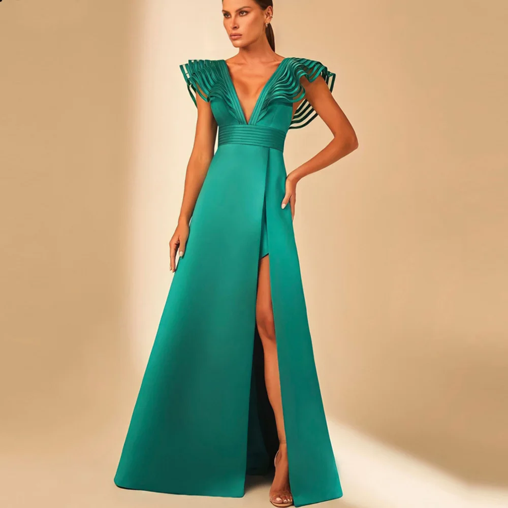 Vestido de noche de satén verde para mujer, traje elegante de manga corta con abertura lateral para fiesta de invitados de boda