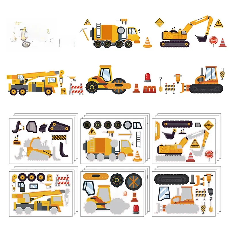 Autocollant Puzzle pour véhicule de Construction pour enfants, 6/12 feuilles, faites votre propre camion, à assembler, cadeaux de fête pour garçons et filles, DIY bricolage