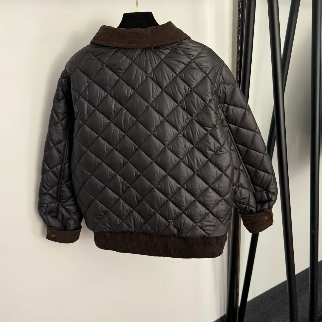 

2025 Corduroy Collar Jacket with Leather Pockets & Diamond Quilt, Embroidered Long Sleeve Fall Coat in Beige & Black