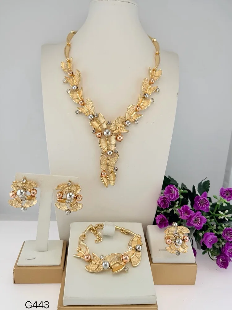 Beautiful Three Tone Plant Shape Italian Jewelry Popular Trendy Collar Brazalete Aretes Anillo 4PC Jewels Set for Wedding Party