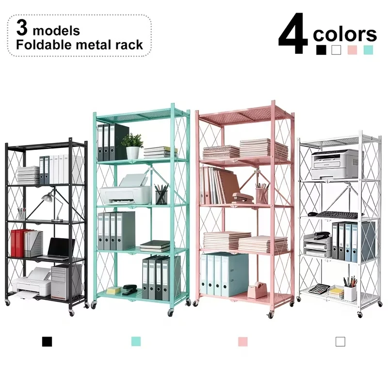3/4/5-Tier Folding Storage Shelves with Wheels,No Assembly Large Capacity Metal Rack ,Freestanding Rolling Bookshelf for Garage,Kitchen, Basement, Pantry,Perfect for Craft Shows & Vendor Events