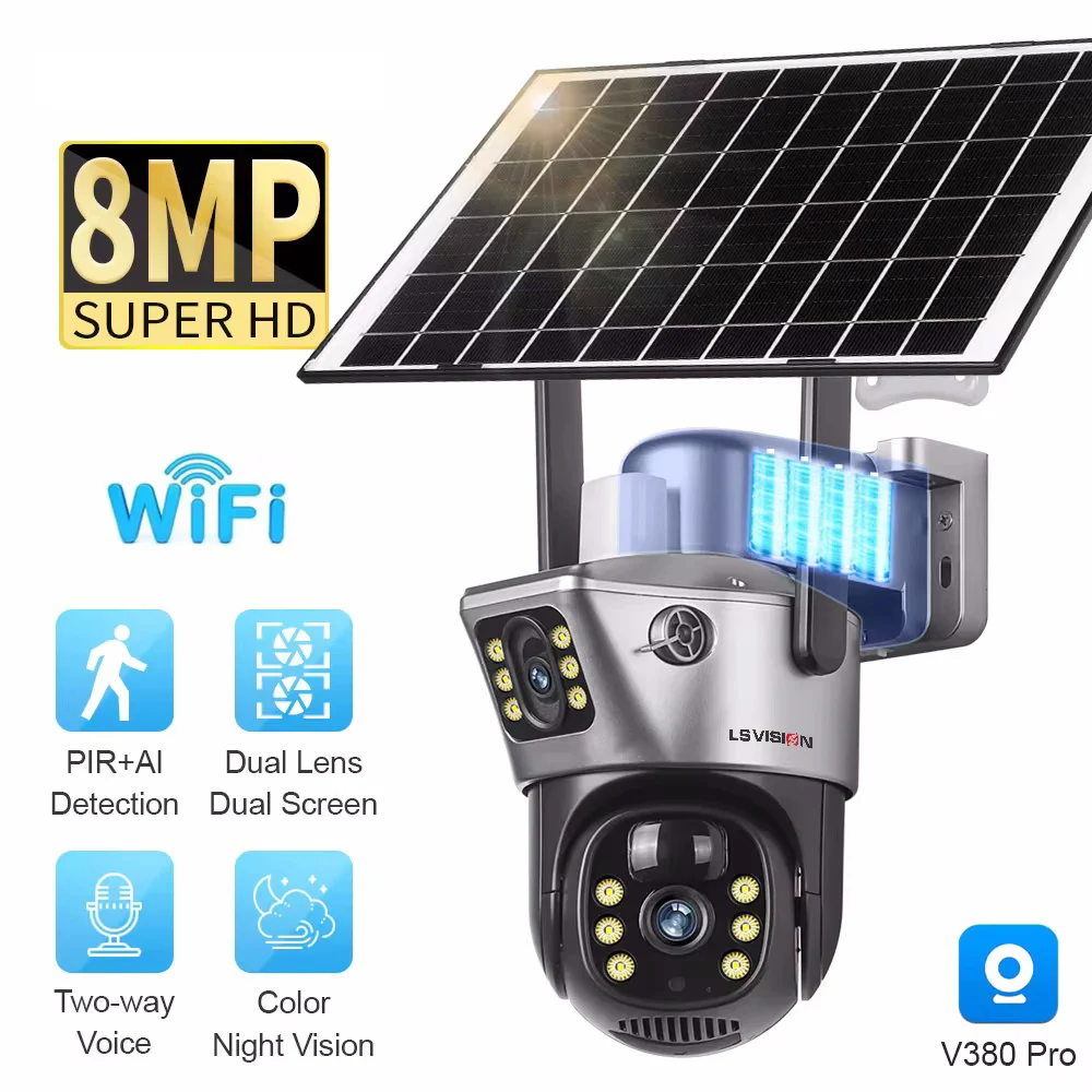 4K 8MP Dual Lens PTZ Solar Camera Dual Screens PIR Human Tracking Outdoor WIFI Security CCTV Surveillance IP Camera