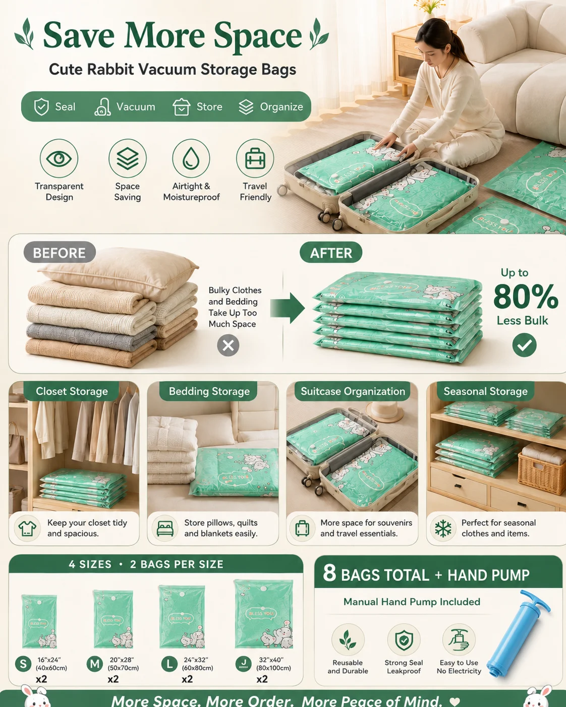 Compression Bag Vacuum - ถุงสูญญากาศลายกระต่าย 8 ชิ้น พร้อมปั๊มมือ ประหยัดพื้นที่ สำหรับจัดเก็บเสื้อผ้า