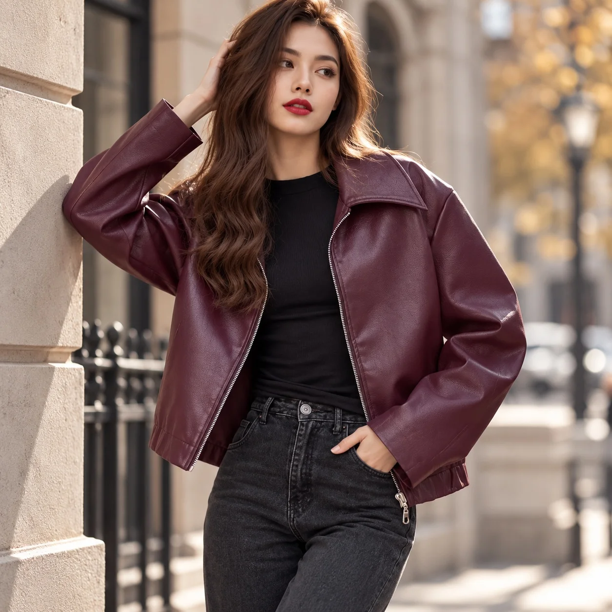 Loose Fit Patchwork Coat Streetwear with Notched Collar Long Sleeve Elegant Women Jacket Autumn Zipper Closure Regular Sleeve