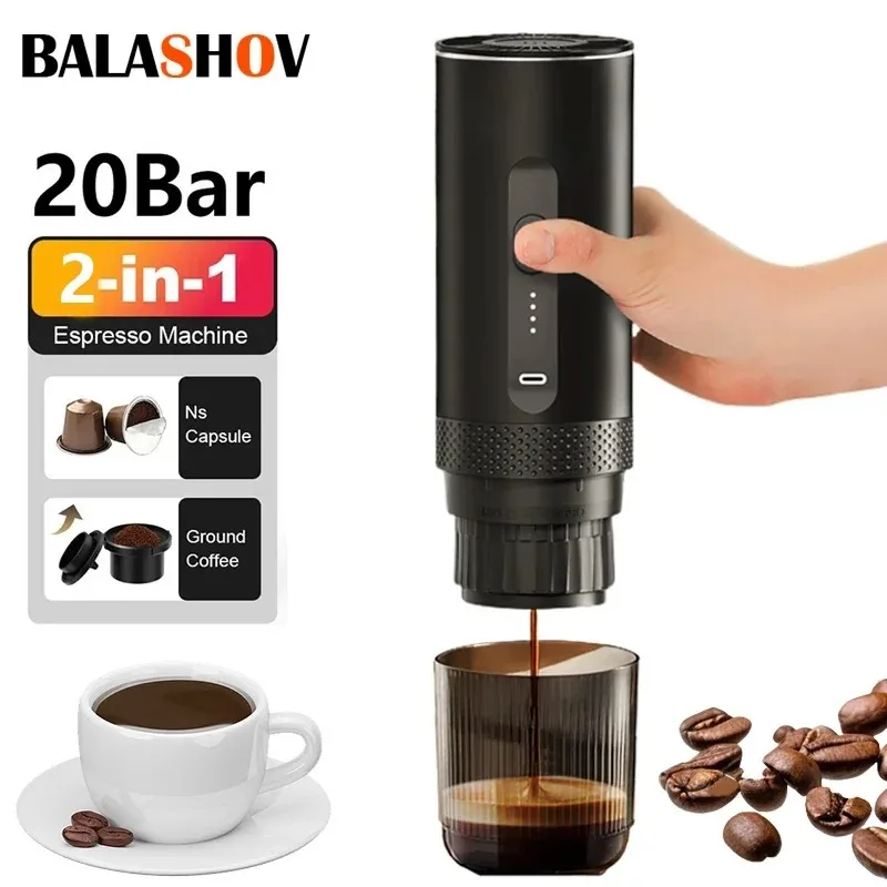 Machine à café expresso électrique sans fil 2 en 1, pour voiture et maison, Camping, cafetière Portable, capsules de poudre, cafetière de voyage