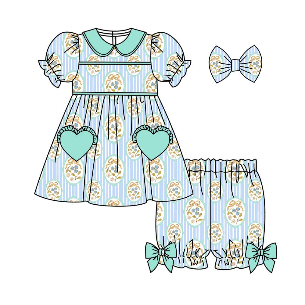 Boutique girl's set flowers and strawberries print ruffled collar short-sleeved shirt and shorts ruffled buttons pocket wholesal