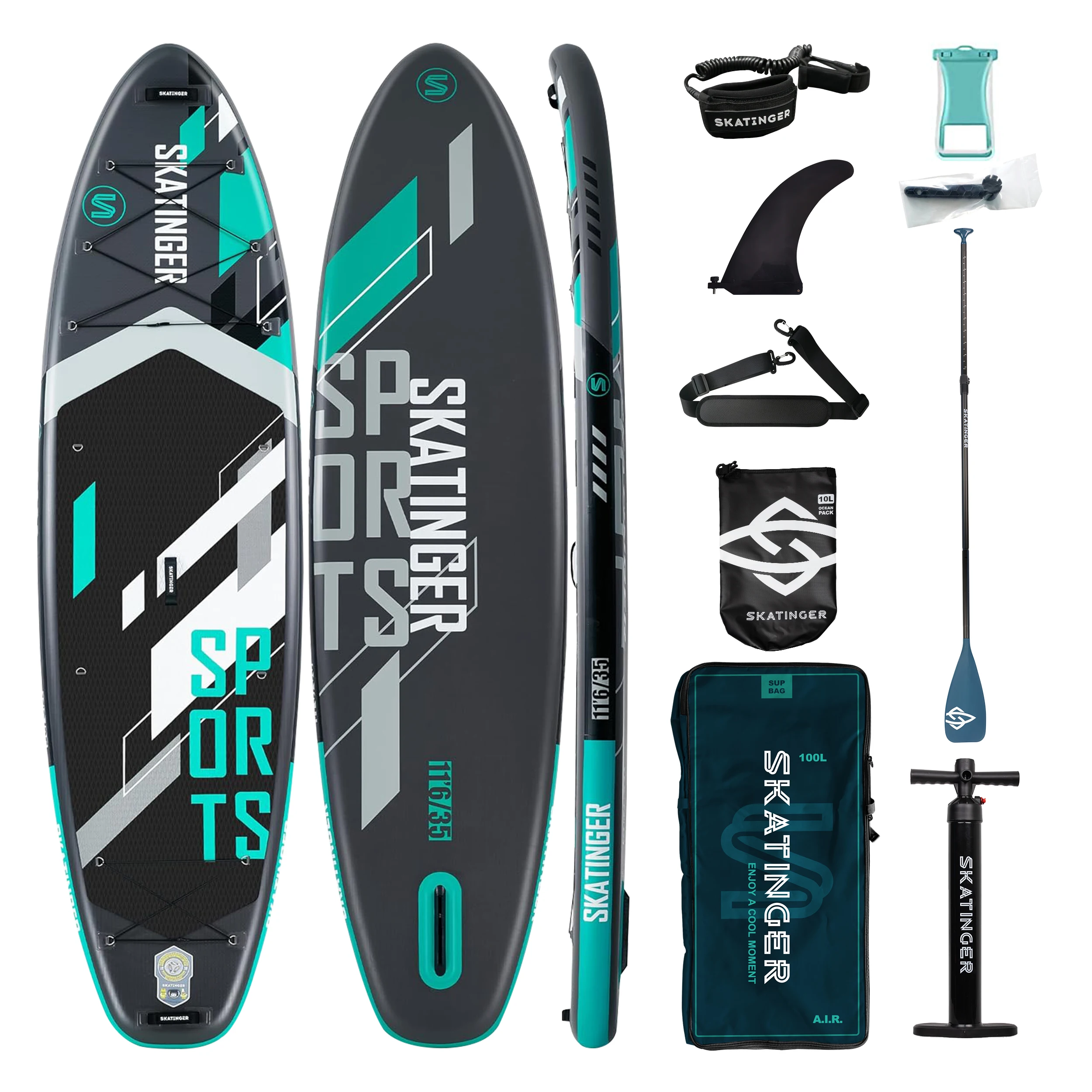 SKATINGER Sports Grey 350×89×15 cm – SUP stable de 11'6'' pour le fitness, le paddle, les loisirs et les parcours en eau calme, pont de 89 cm de large, capacité de 430 L, capacité de charge jusqu'à 195 kg, aileron US, porte-bagages avant et arrière, ensemble complet