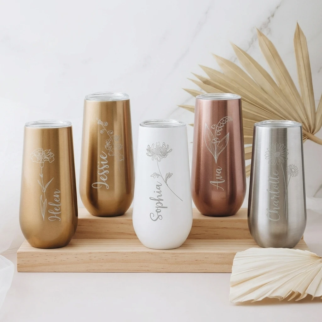 Personalized Engraved Champagne Tumbler Custom Birth Flower Stainless Steel Wine Cup Bridal Shower Birthday Gift,Christmas Gift.