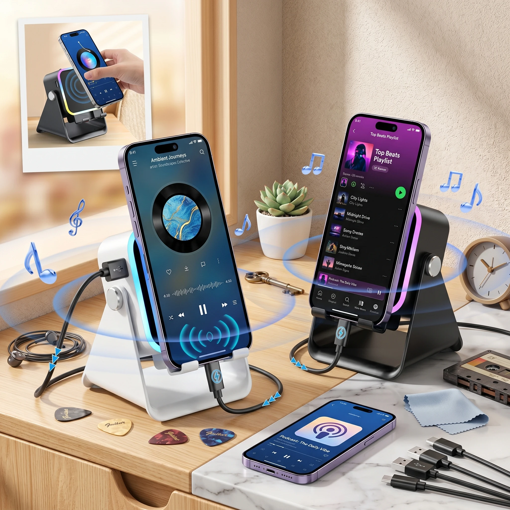 

5 In 1 Phone Stand Speaker with RGB Light, Rechargeable Desktop Audio Holder for Smartphones & Tablets