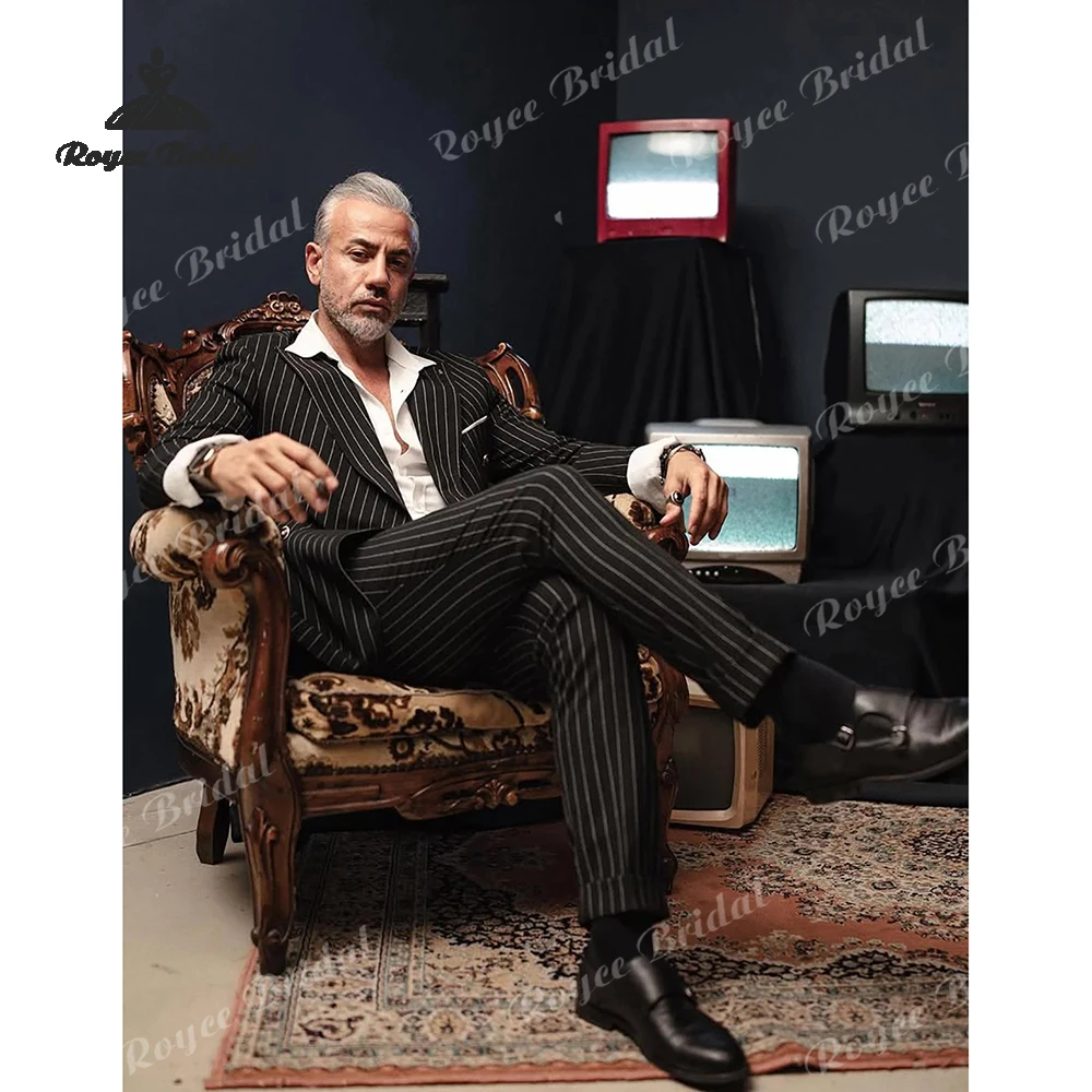 Striped Two Piece Double Breasted Men's Suit Wedding 2026 Peak Lapel Evening Suit Customized trajes para hombre