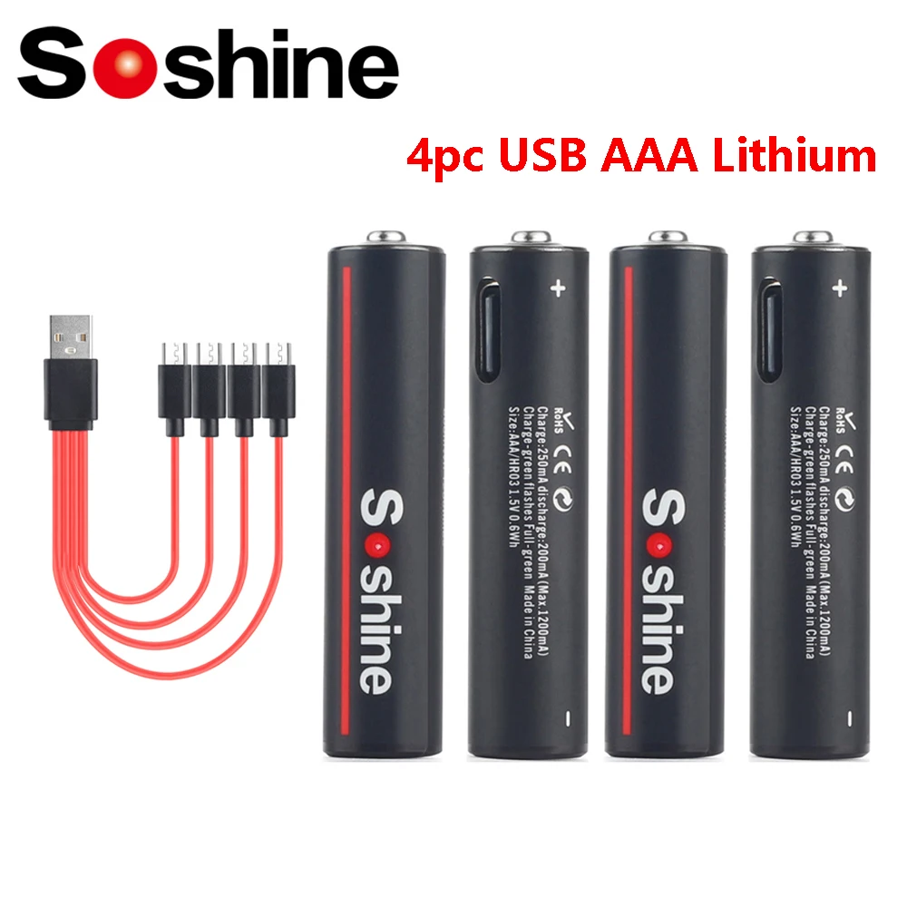 Soshine Aaa 1.5V 600mWh Lithium Batteries USB Li-ion AAA Rechargeable Battery with 4-in-1 USB Cable for Toys Camera Flashlight