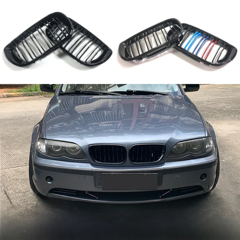 Do BMW E46 2/4-drzwiowe serii 3 2002 2003 2004 2005 318i 320i 325i 330i Kratka przednia w kolorze czarnym z podwójną listwą Tuning — zdjęcie 2