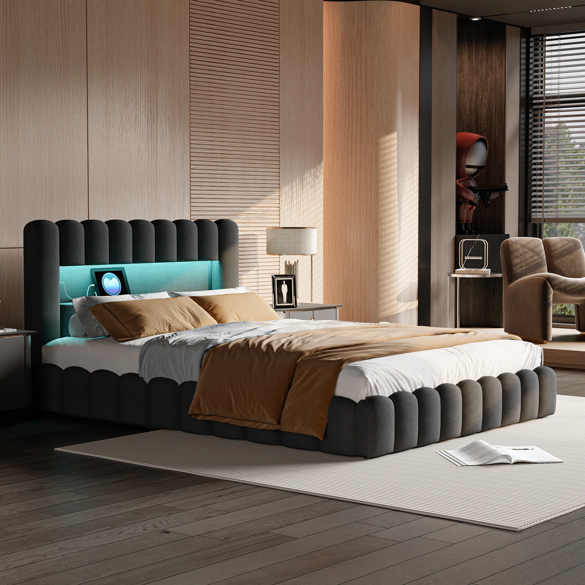 Fotografia 6: Cama estofada, colchão embutido, cama de casal com encosto macio, cabeceira com porta LED e USB, sem colchão