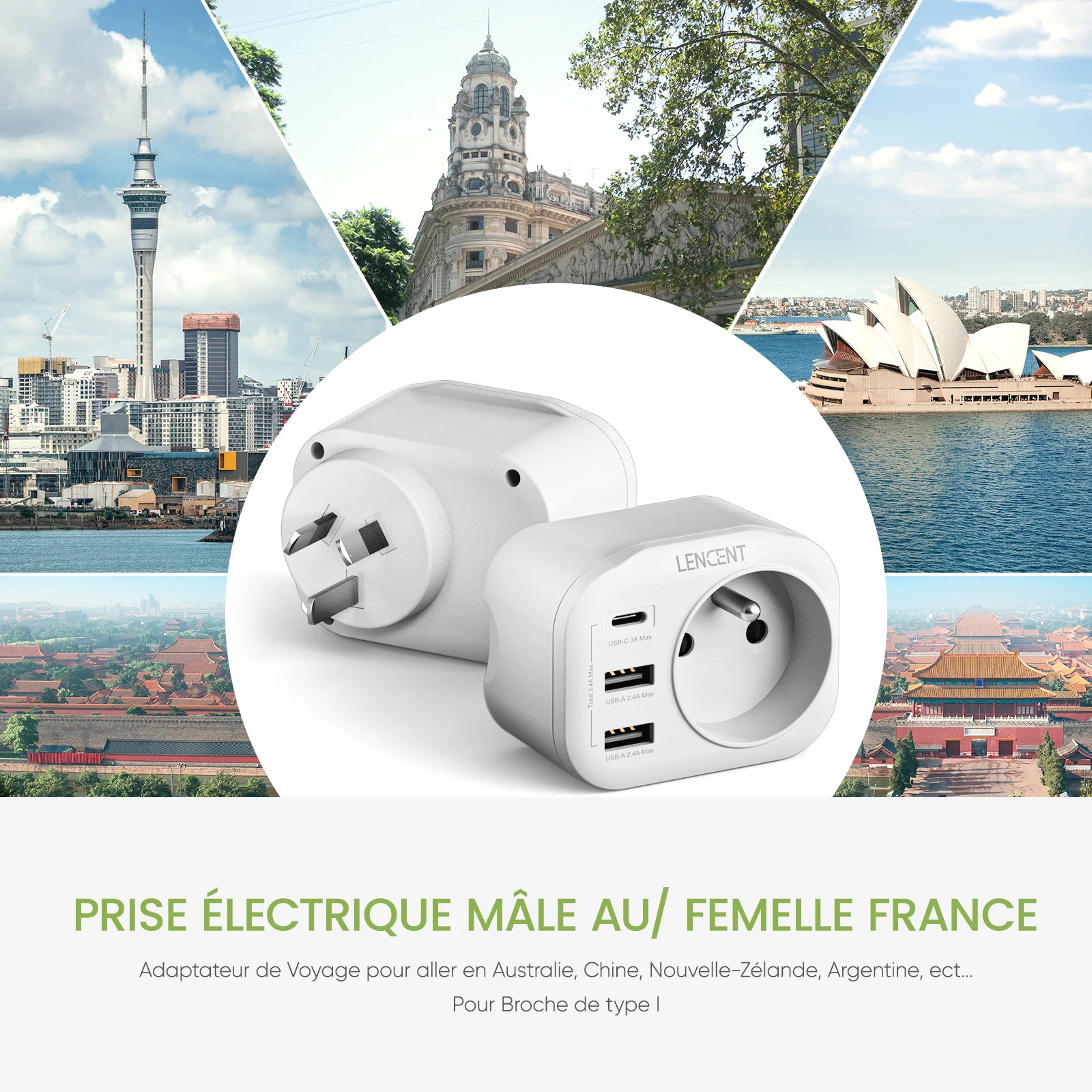 LENCENT FR to AU Australia Travel Adapter with 1 AC Outlet  2 USB Ports and 1 Type C 4 in 1 Adapter Wall Charger for Home/Travel