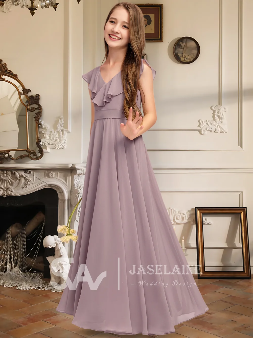 Elegantes A-Linien-Kleid mit V-Ausschnitt und bodenlangem Chiffon für junge Brautjungfern, kaskadierende Rüschen, Blumenmädchenkleid für Mädchen, Party, Hochzeit, formell