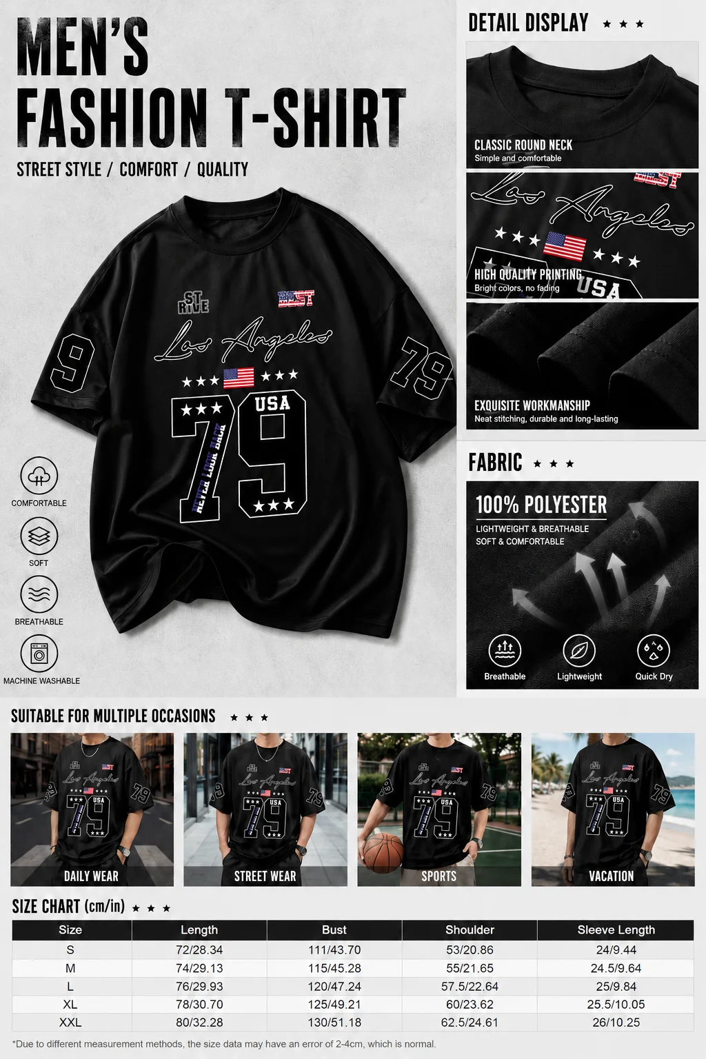 Herren-T-Shirt „Los Angeles USA Number 79“ mit amerikanischem Flaggen-Print, übergroßes Kurzarm-T-Shirt, S-XXL – Detail 12