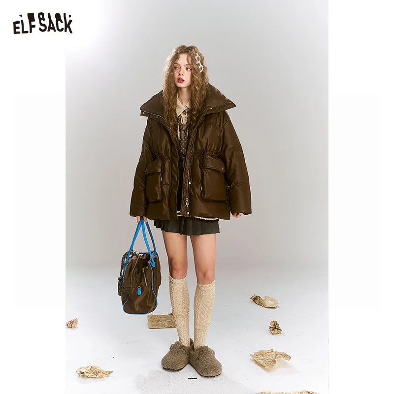 ELFSACK 2024 invierno nuevas llegadas Maillard retro PU cuero cintura cuello alto abajo chaqueta para mujer