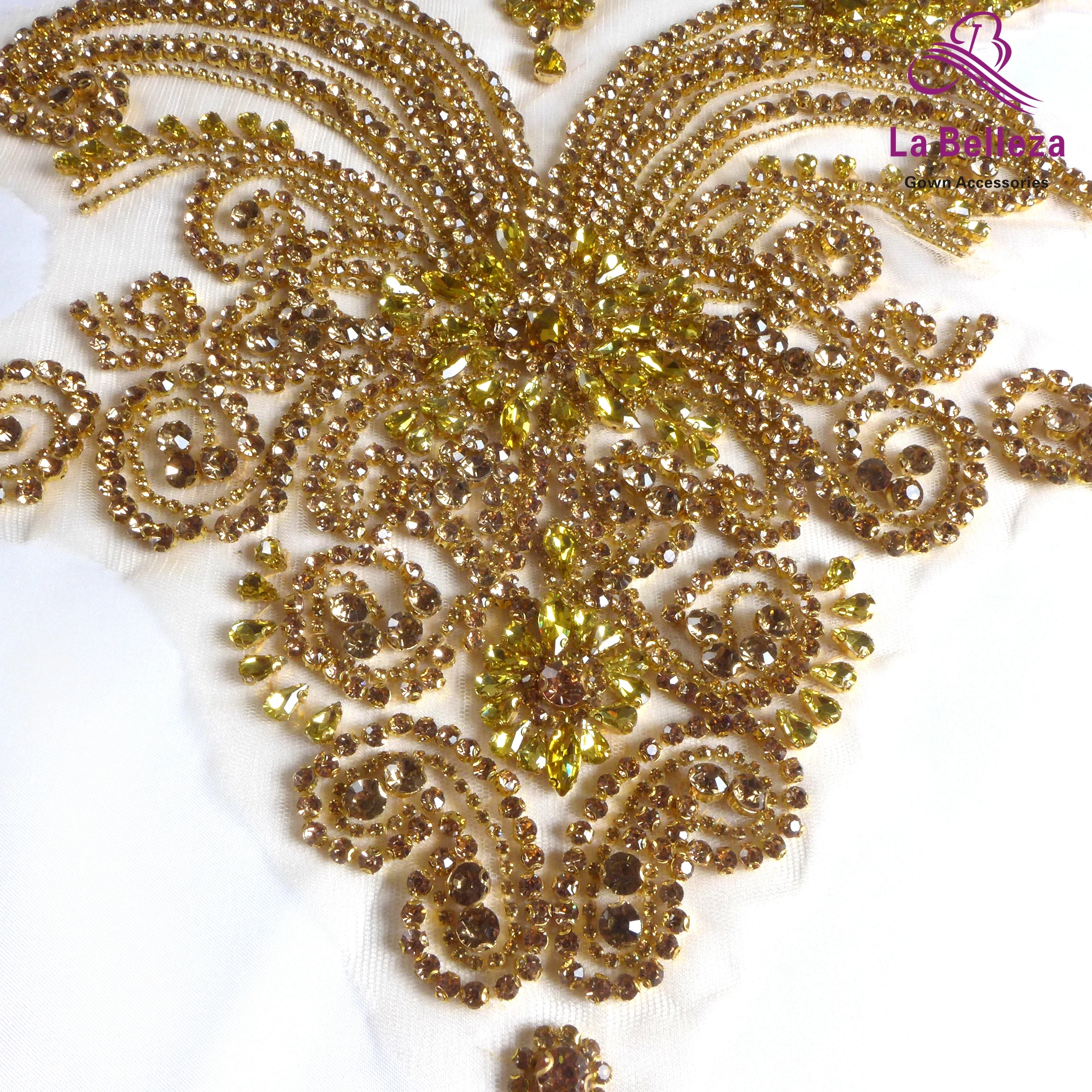 La Belleza beauty hand sewon neck bodice applique,gold silver crystal rhinestone applique Patch for dress accessories