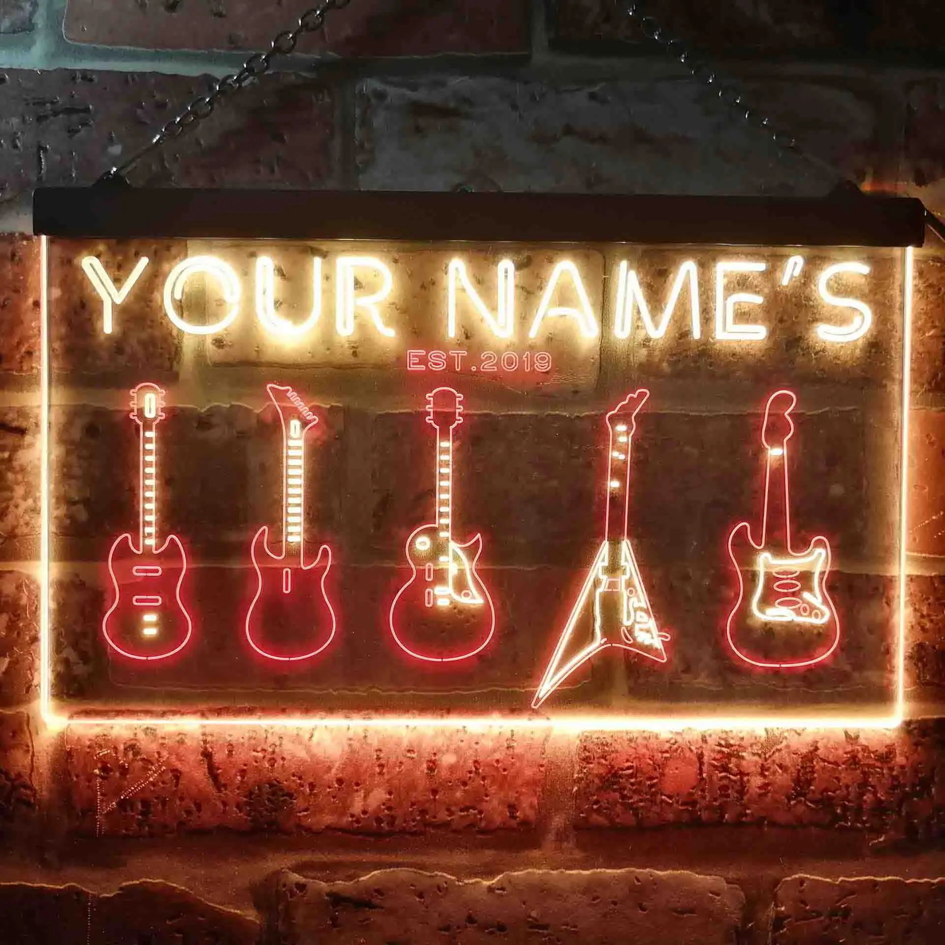 Personalized Guitar Maniac Dual Color Neon Your Name Est Year Theme Guitar Hero Room Decoration Dual Color LED Neon Sign