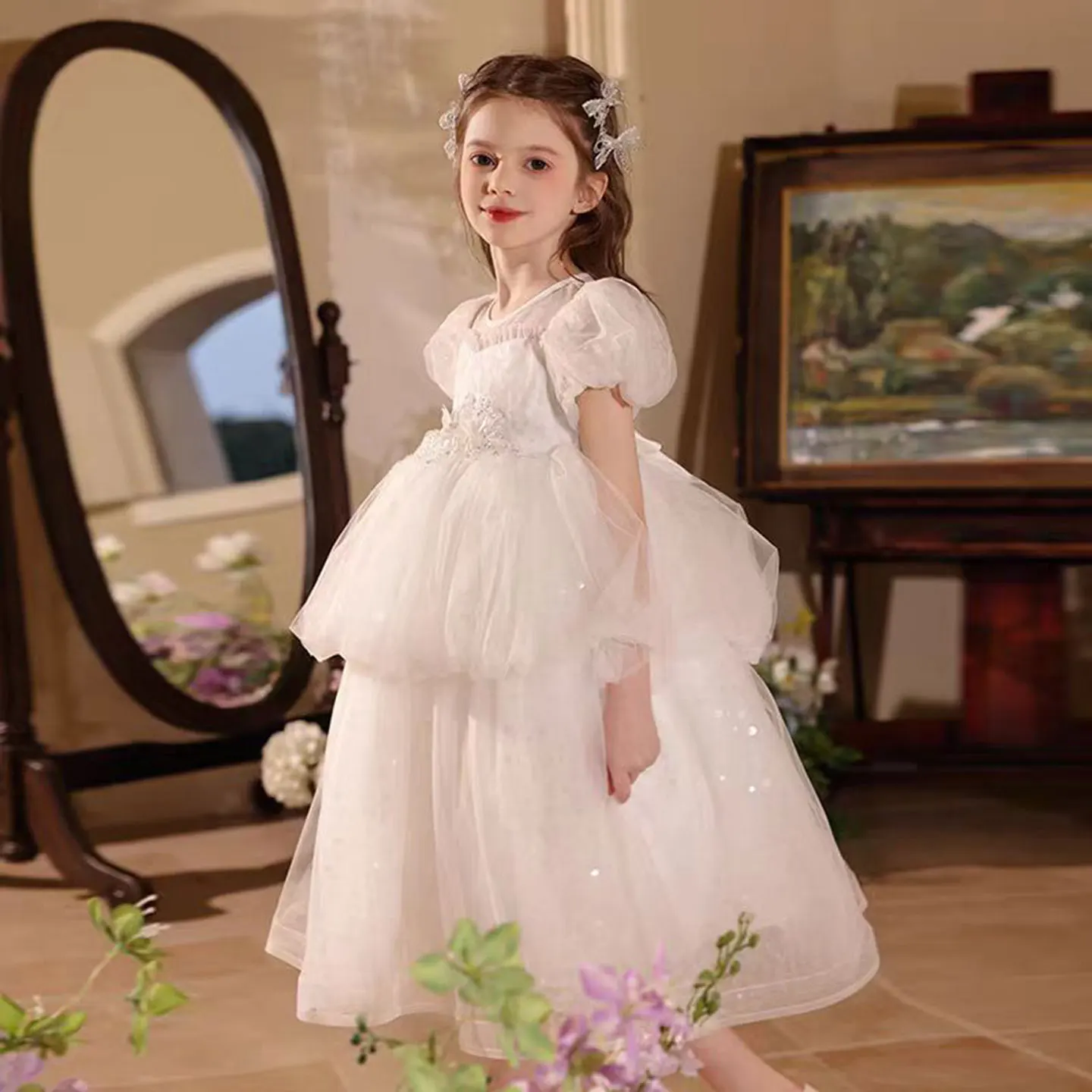 Dreamy Vow J522 Bella o-collo con paillettes a strati in tulle neonata abito da principessa bianco matrimonio festa di compleanno abito da prima comunione