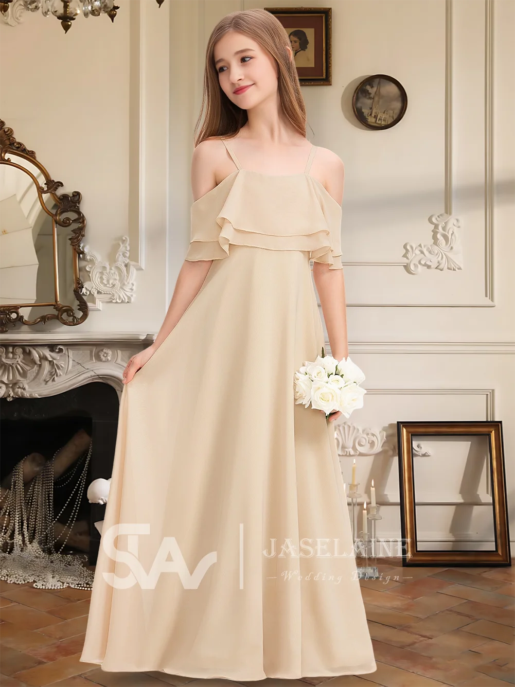 Платье подружки невесты для юниоров, шифоновое платье трапециевидной формы с открытыми плечами, длиной до пола, с каскадными оборками, платье с цветочным узором для девочек, официальная свадьба для девочек