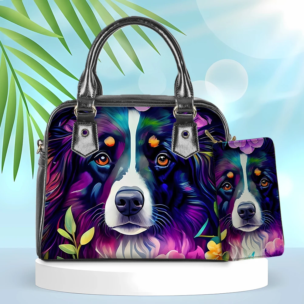 Jackherelook Border Shepherd Dog Painting Women's Shoulder Bag Set with Wallet PU Leather Tote Handbags for Lady Messenger Bags