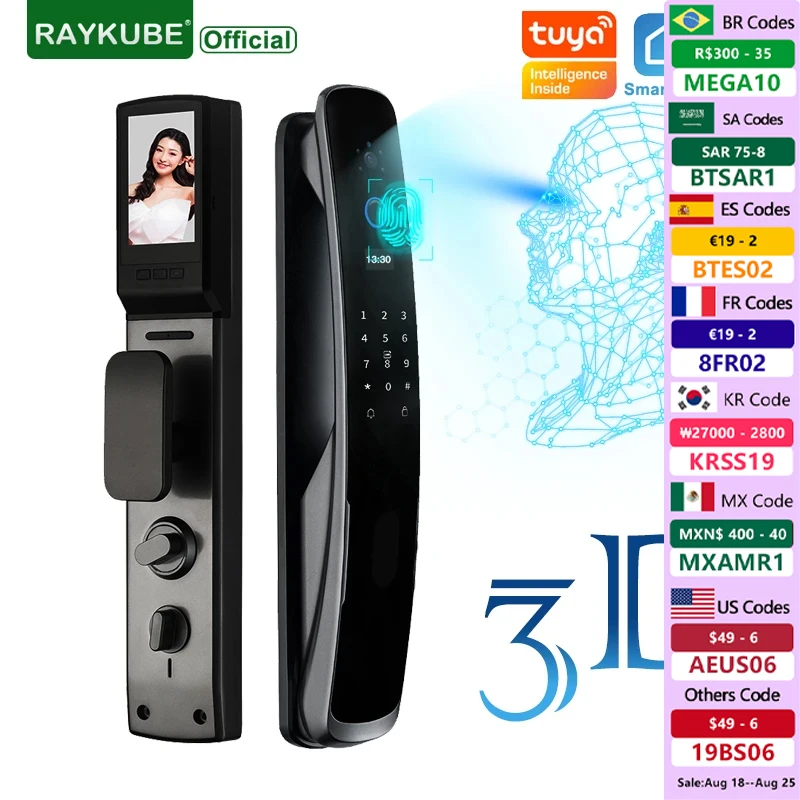 RAYKUBE DF4 3D Face Recognition Smart Lock with Camera Tuya Zigbee Electronic Door Lock Fingerprint Lock with IC Card Peephole