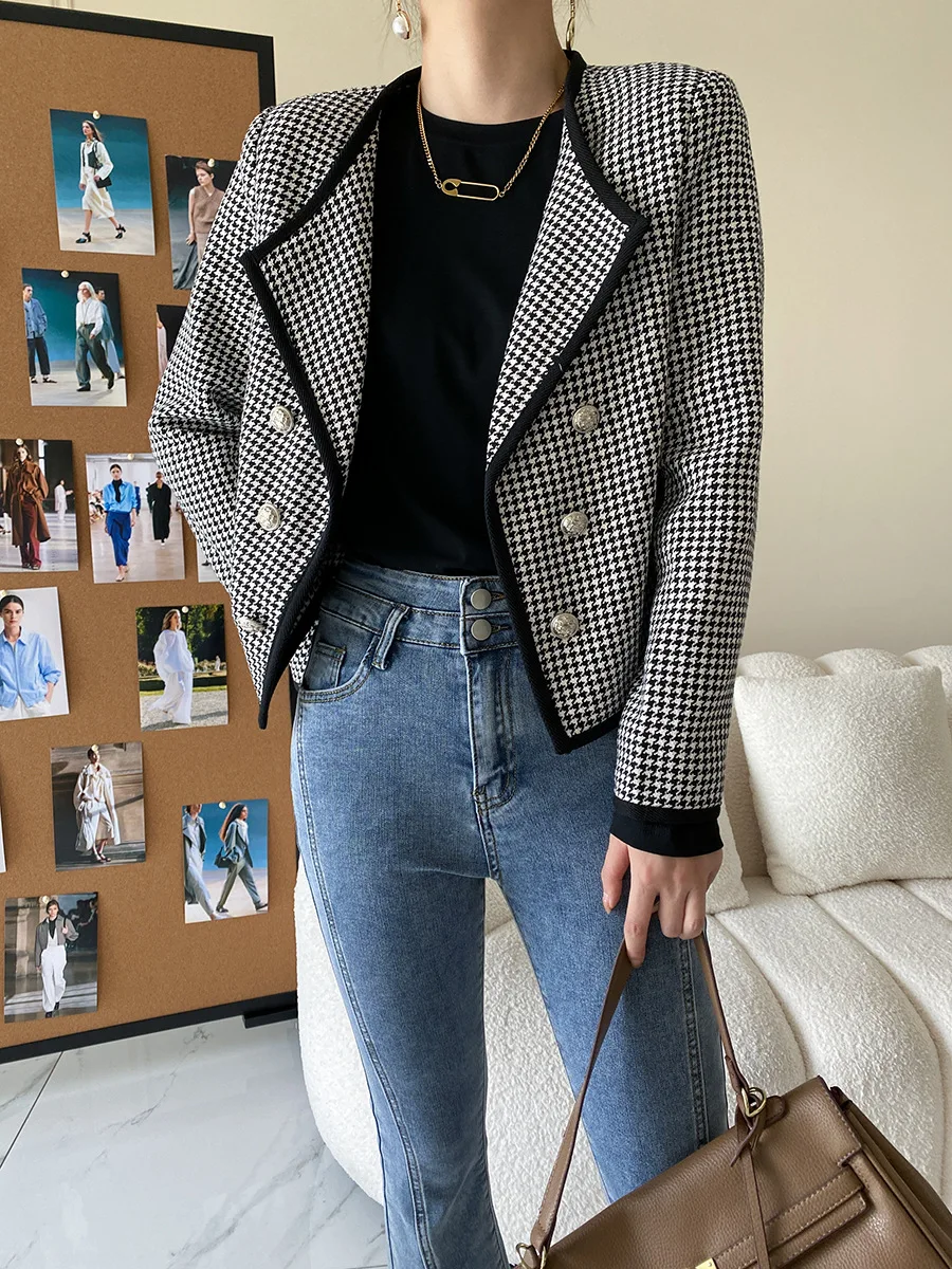 

Women's Lapel Fashionable Retro Plaid Autumn Winter Coat Short New Wool Tweed Jacket Chaquetas Jaqueta