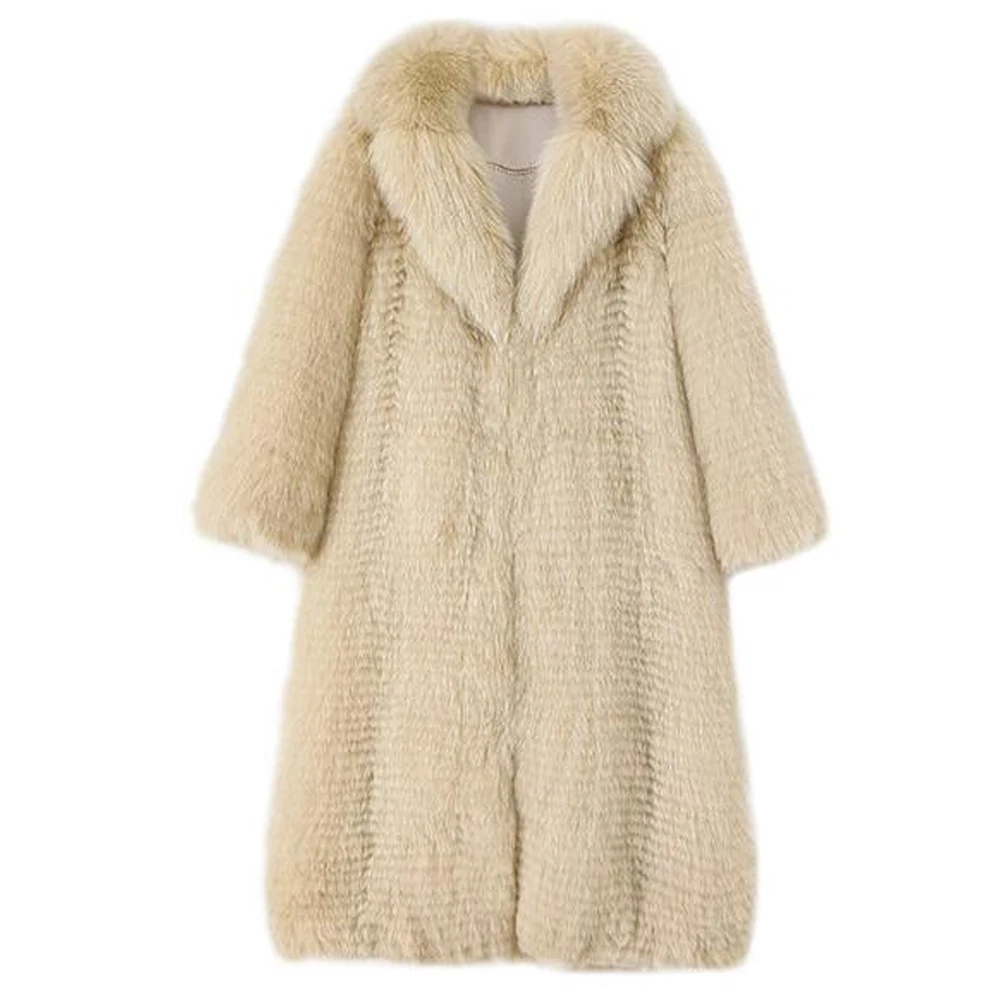 

Denny&Dora Winter Women Overcoat Whole Skin Genuine Fox Fur Coats With Fur Collar Beige Color Woman Overcoats