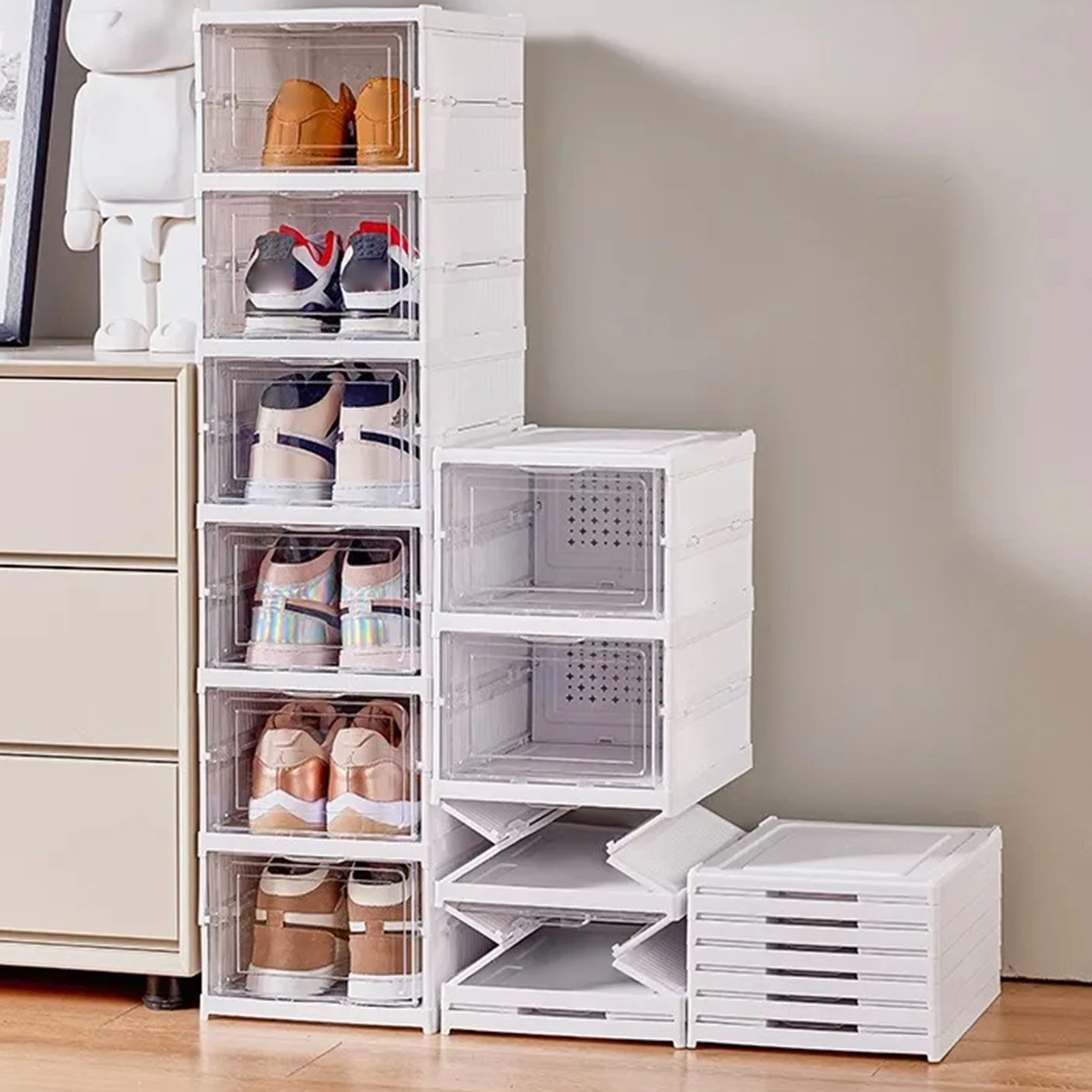 3/6 Layers Foldable Shoes Box Thickened Plastic Sneaker Shoe Storage Box Dustproof Stackable Cabinet Shoe Organizers Rack Shelf