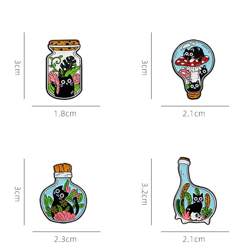 Cute Cartoon Black Cat Enamel Brooch Creative Animal Glass Bottle Water Grass Lapel Pin Badge Backpack Clothing Hat Accessories