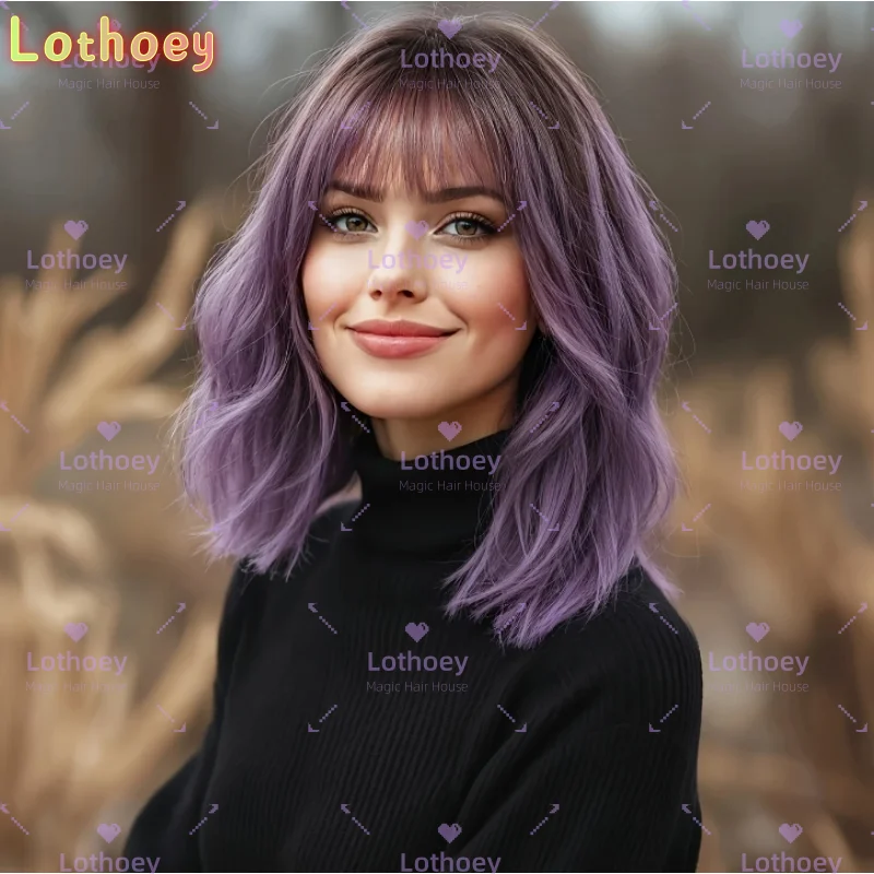 Бесклеевой фиолетовый короткий вьющийся парик из натуральных волос, парики из человеческих волос, парик с объемной волной, парик с челкой, удобный и удобный