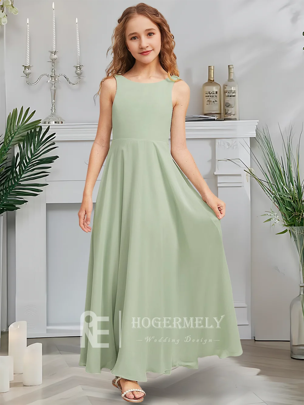 Платье трапециевидной формы для юных подружек невесты, детское платье цвета селадона с цветочным узором для девочек, шифоновое платье длиной до пола, свадебная вечеринка