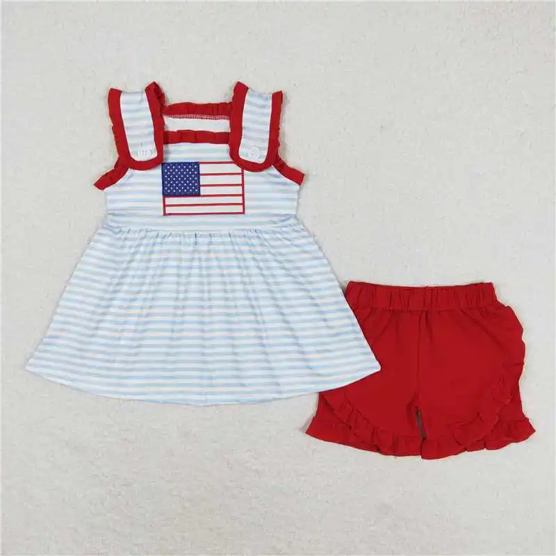 Summer Fashion Match Baby Girls Flag 4th Of July Sibling Rompers Clothes Sets Wholesale Boutique Fashion Children Clothes