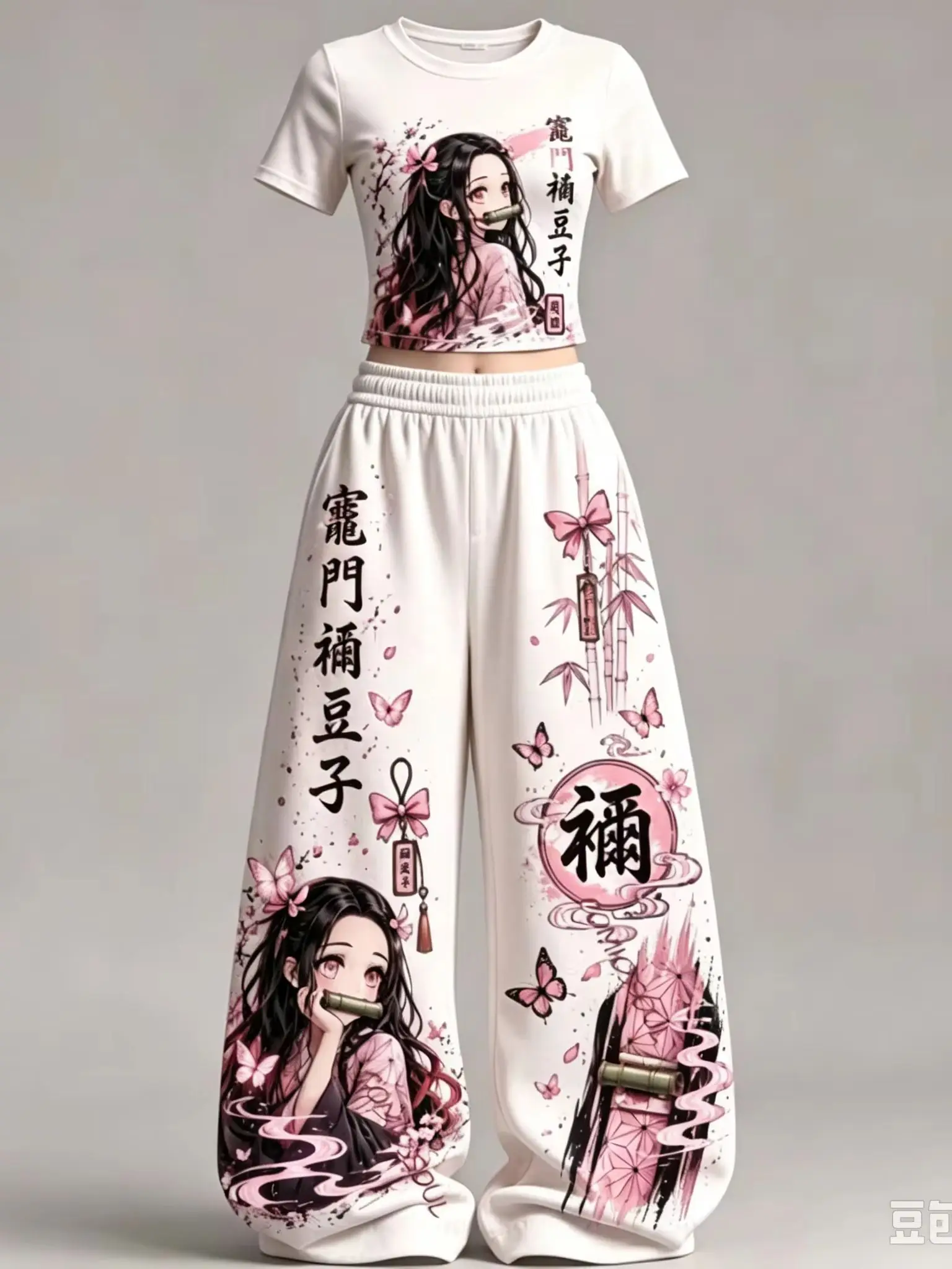 2027 Demon Slayer Sommer-Print 2-teiliges Outfit Y2K Streetwear T-Shirt + Hose mit weitem Bein Set Lässige Sportbekleidung Trainingsanzug für Erwachsene und Kinder – Detail 4