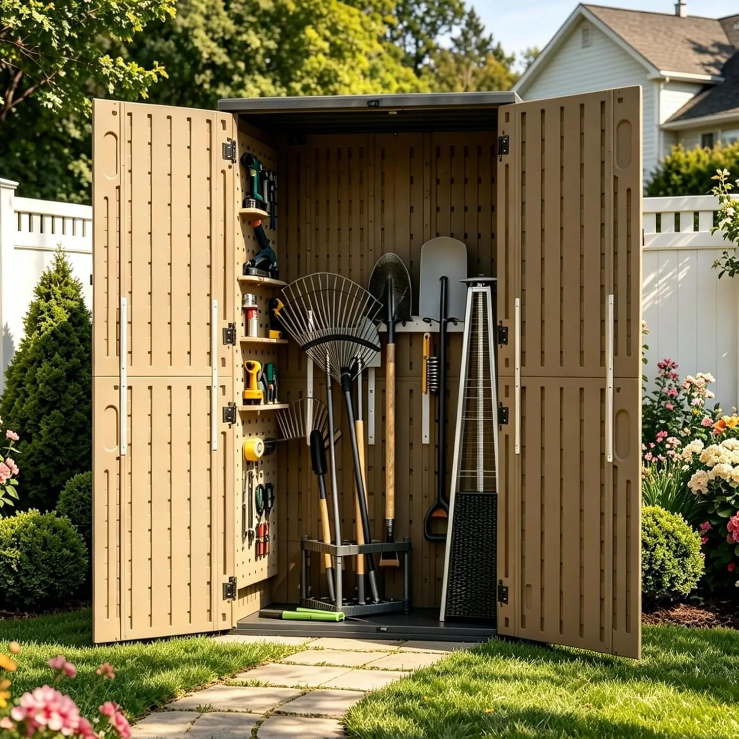 Aoxun 64 Cu Ft Resin Outdoor Storage Shed With Floor Vertical Waterproof Cabinet For Garage Pool Bike Garden Tools Patio Furniture Brown